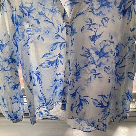 Zara White Cotton Blouse with Blue Floral - Size L - Picture 5 of 7